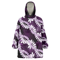 Puakenikeni Maile Lei Wearable Blanket Hoodie Frangipani Purple Tropical Leaves