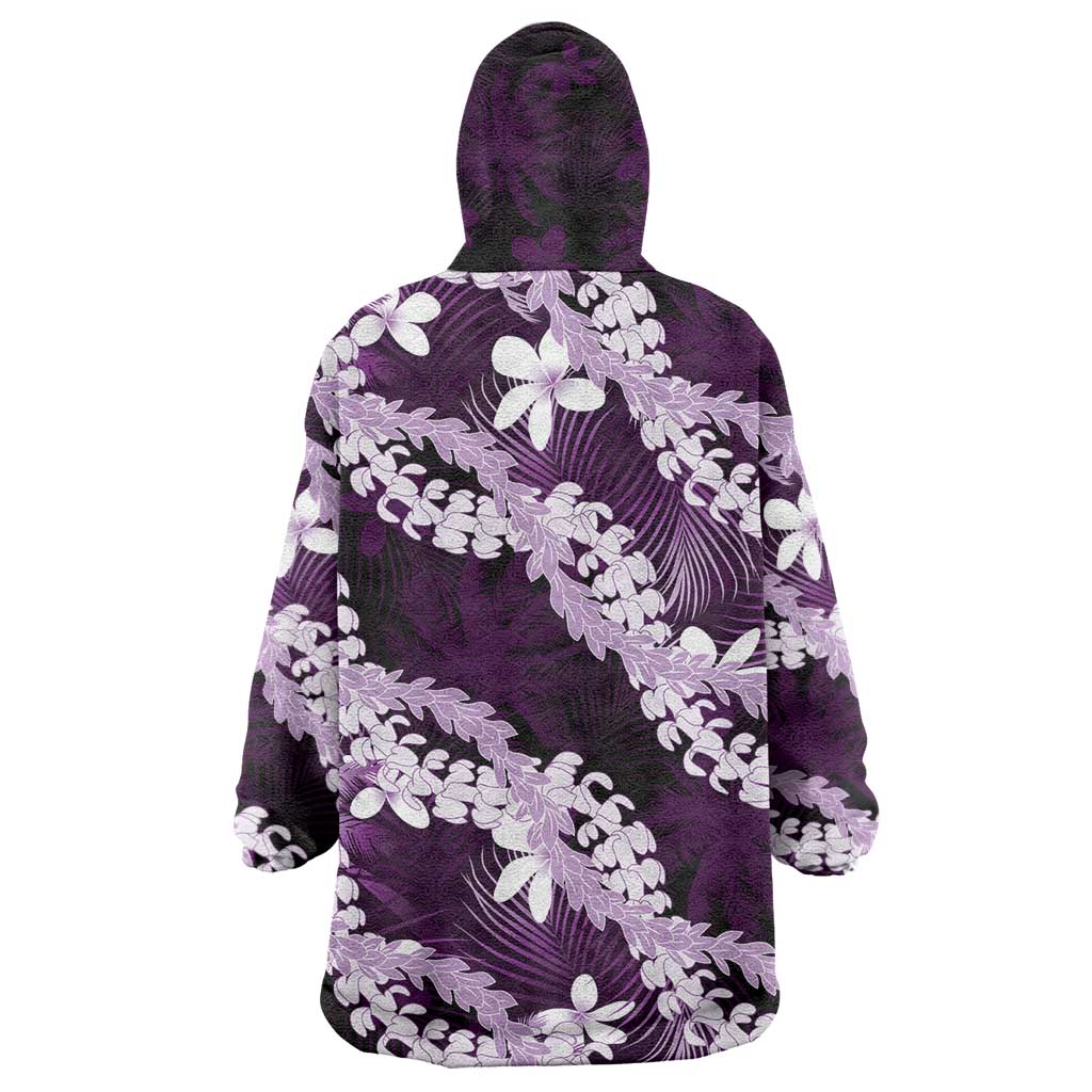 Puakenikeni Maile Lei Wearable Blanket Hoodie Frangipani Purple Tropical Leaves