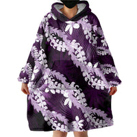 Puakenikeni Maile Lei Wearable Blanket Hoodie Frangipani Purple Tropical Leaves