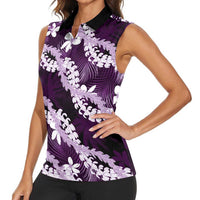 Puakenikeni Maile Lei Women Sleeveless Polo Shirt Frangipani Purple Tropical Leaves