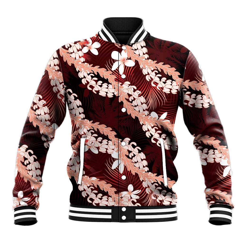 Puakenikeni Maile Lei Baseball Jacket Frangipani Red Tropical Leaves