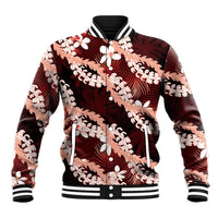 Puakenikeni Maile Lei Baseball Jacket Frangipani Red Tropical Leaves