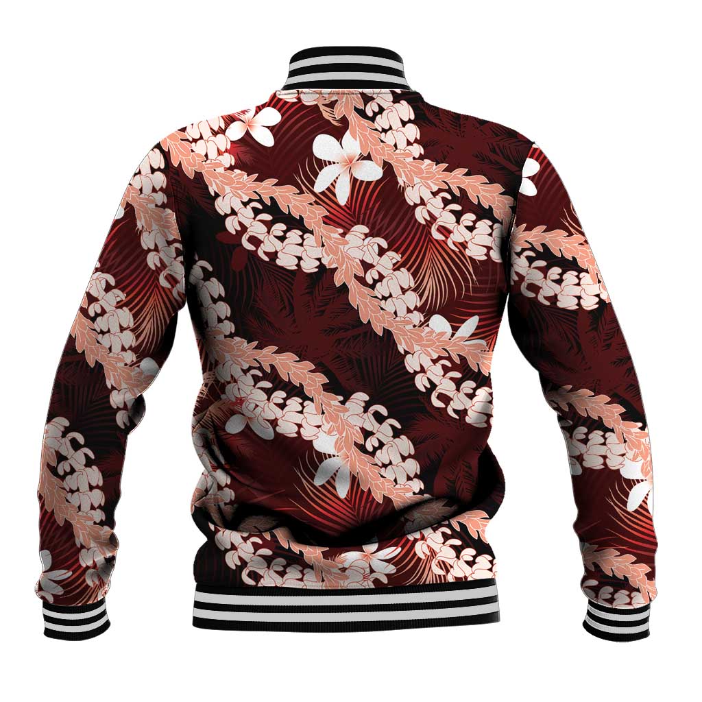 Puakenikeni Maile Lei Baseball Jacket Frangipani Red Tropical Leaves