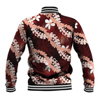 Puakenikeni Maile Lei Baseball Jacket Frangipani Red Tropical Leaves