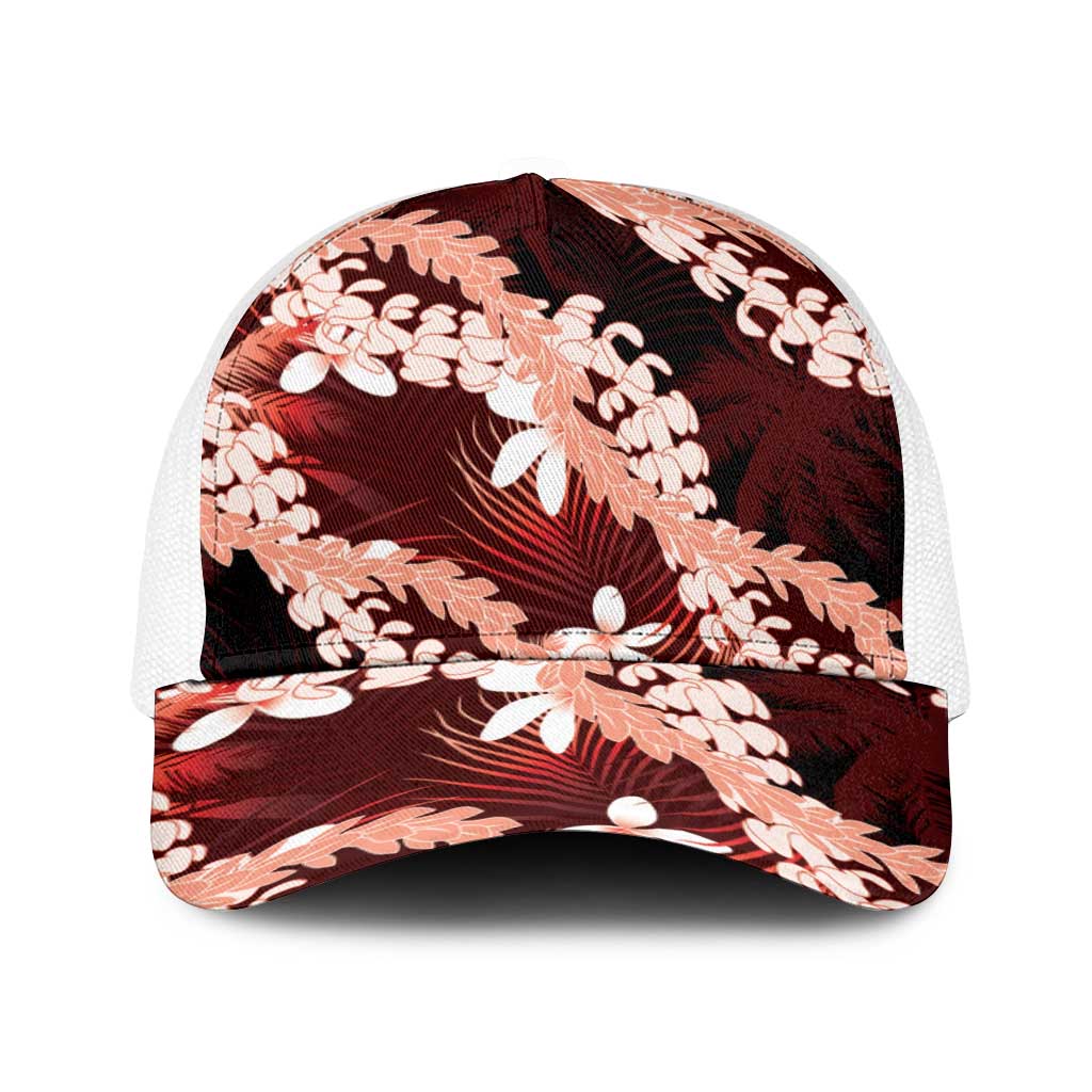 Puakenikeni Maile Lei Baseball Net Cap Frangipani Red Tropical Leaves LT01 One Size White Red - Polynesian Pride