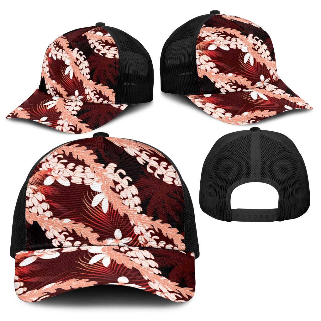 Puakenikeni Maile Lei Baseball Net Cap Frangipani Red Tropical Leaves LT01 - Polynesian Pride