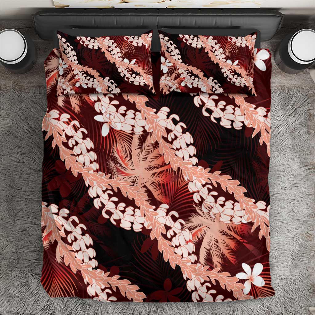 Puakenikeni Maile Lei Bedding Set Frangipani Red Tropical Leaves