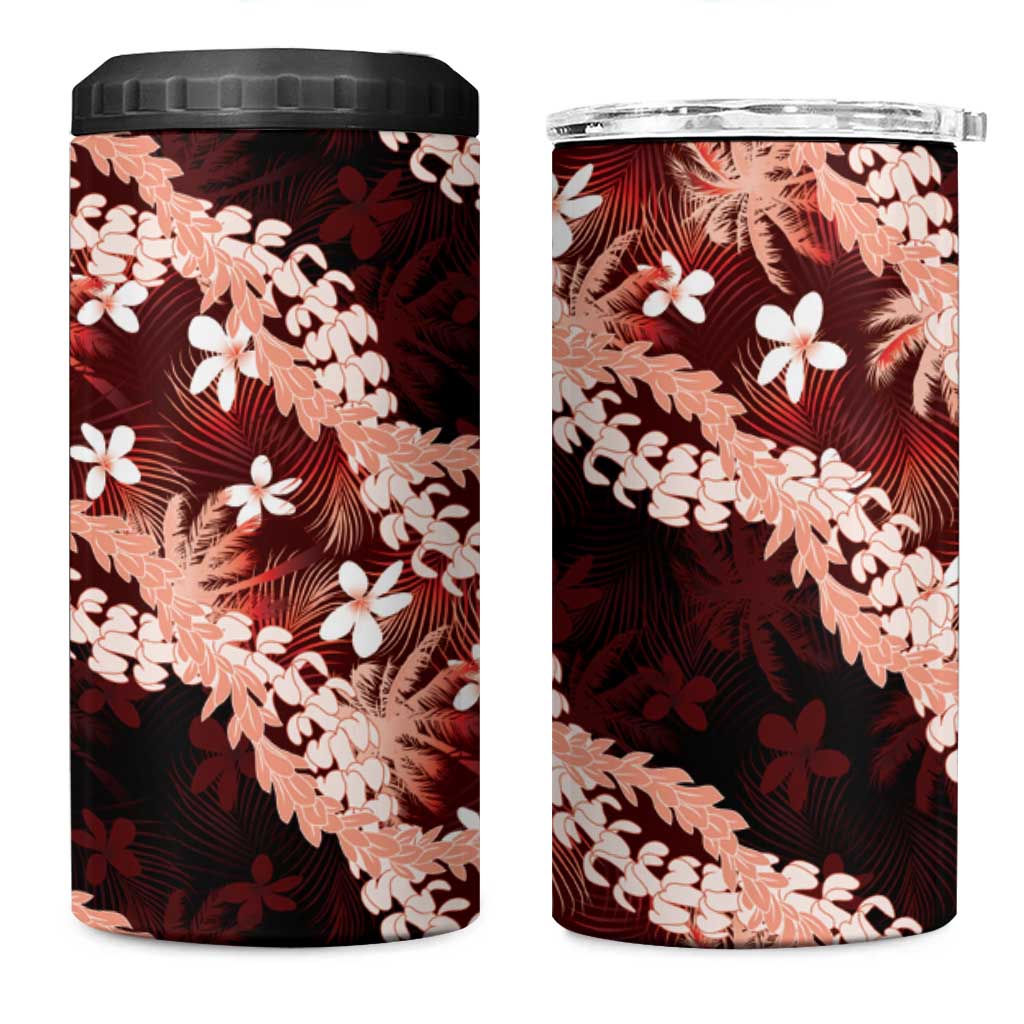 Puakenikeni Maile Lei 4 in 1 Can Cooler Tumbler Frangipani Red Tropical Leaves