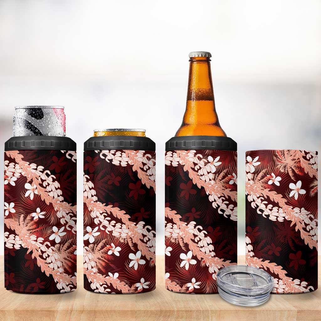 Puakenikeni Maile Lei 4 in 1 Can Cooler Tumbler Frangipani Red Tropical Leaves