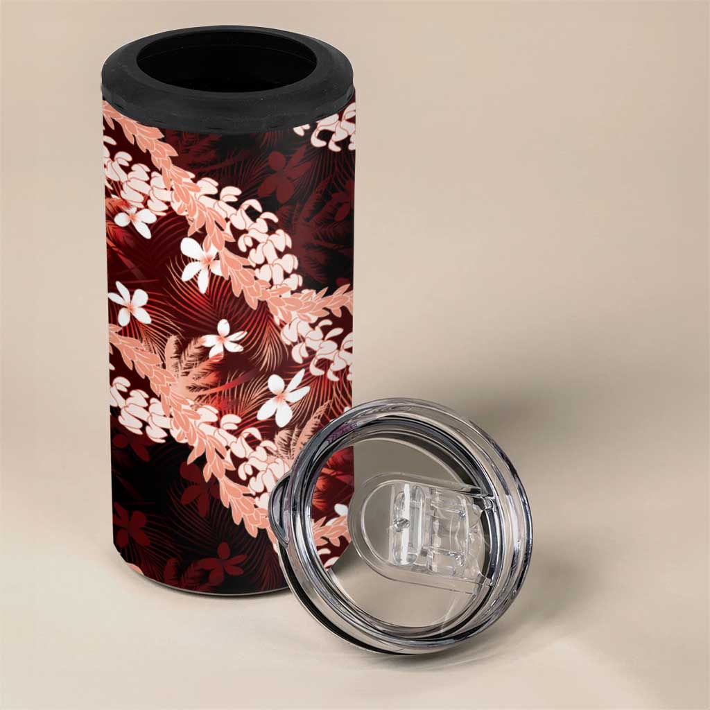 Puakenikeni Maile Lei 4 in 1 Can Cooler Tumbler Frangipani Red Tropical Leaves