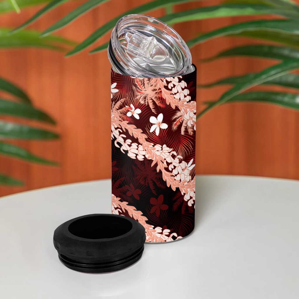 Puakenikeni Maile Lei 4 in 1 Can Cooler Tumbler Frangipani Red Tropical Leaves