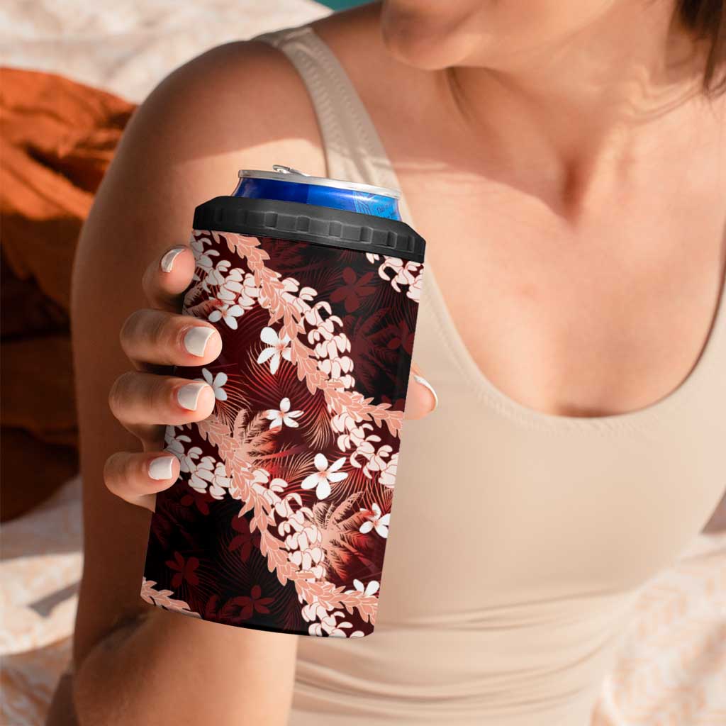 Puakenikeni Maile Lei 4 in 1 Can Cooler Tumbler Frangipani Red Tropical Leaves