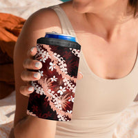 Puakenikeni Maile Lei 4 in 1 Can Cooler Tumbler Frangipani Red Tropical Leaves
