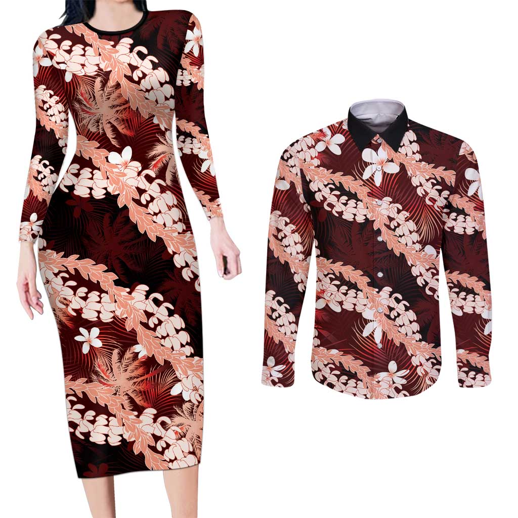 Puakenikeni Maile Lei Couples Matching Long Sleeve Bodycon Dress and Long Sleeve Button Shirt Frangipani Red Tropical Leaves LT01 Red - Polynesian Pride