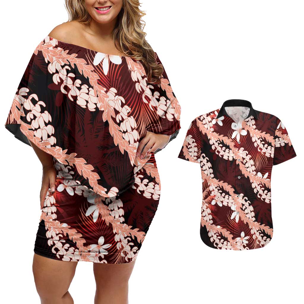 Puakenikeni Maile Lei Couples Matching Off Shoulder Short Dress and Hawaiian Shirt Frangipani Red Tropical Leaves