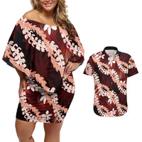Puakenikeni Maile Lei Couples Matching Off Shoulder Short Dress and Hawaiian Shirt Frangipani Red Tropical Leaves