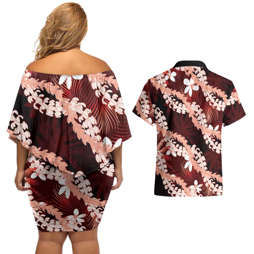 Puakenikeni Maile Lei Couples Matching Off Shoulder Short Dress and Hawaiian Shirt Frangipani Red Tropical Leaves