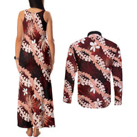 Puakenikeni Maile Lei Couples Matching Tank Maxi Dress and Long Sleeve Button Shirt Frangipani Red Tropical Leaves
