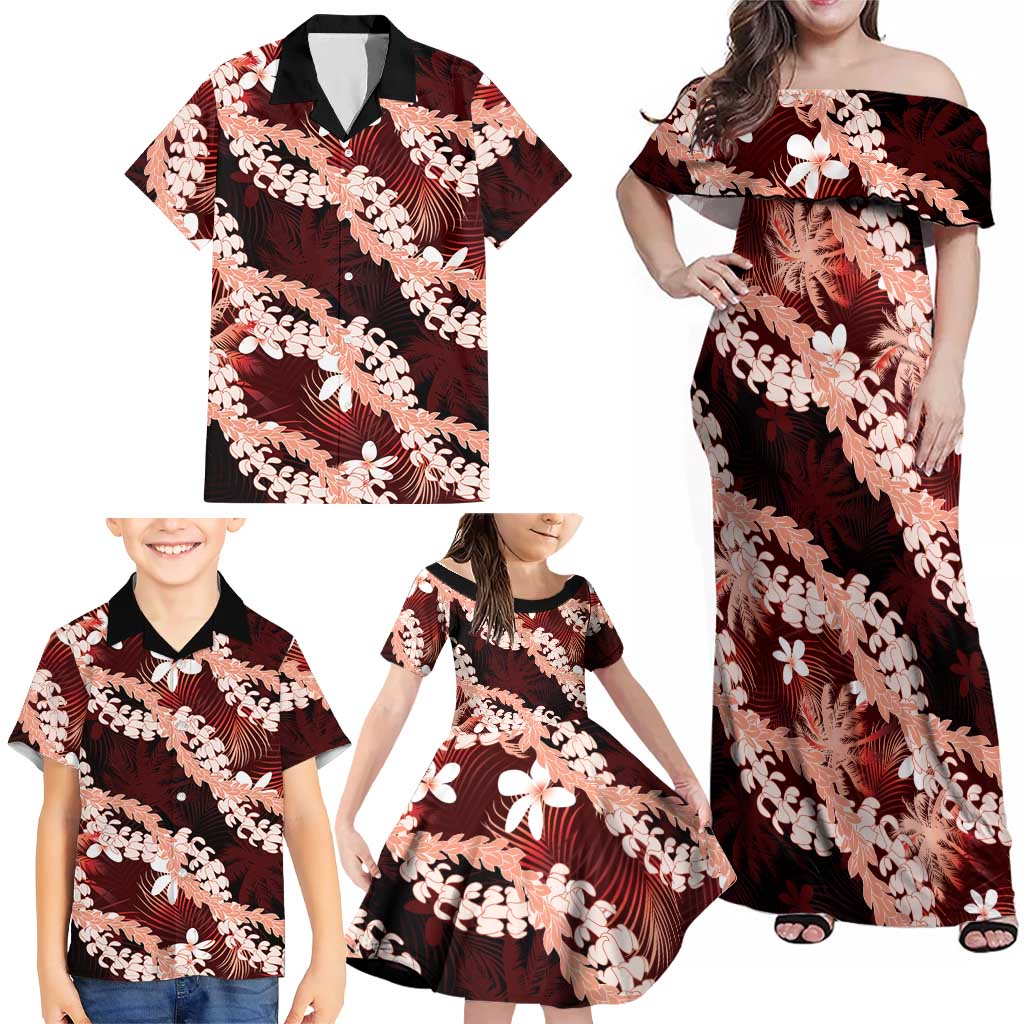 Puakenikeni Maile Lei Family Matching Off Shoulder Maxi Dress and Hawaiian Shirt Frangipani Red Tropical Leaves LT01 - Polynesian Pride