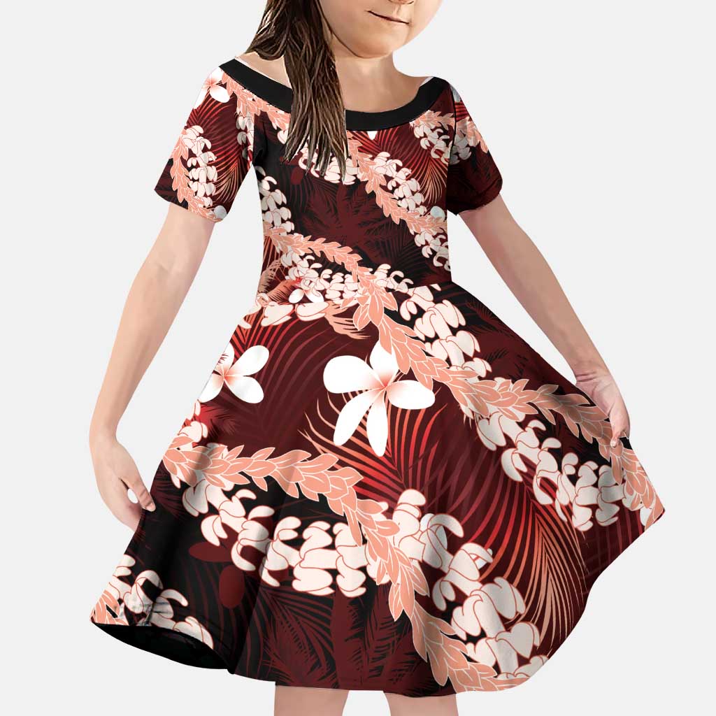 Puakenikeni Maile Lei Family Matching Off Shoulder Short Dress and Hawaiian Shirt Frangipani Red Tropical Leaves LT01 Daughter's Dress Red - Polynesian Pride
