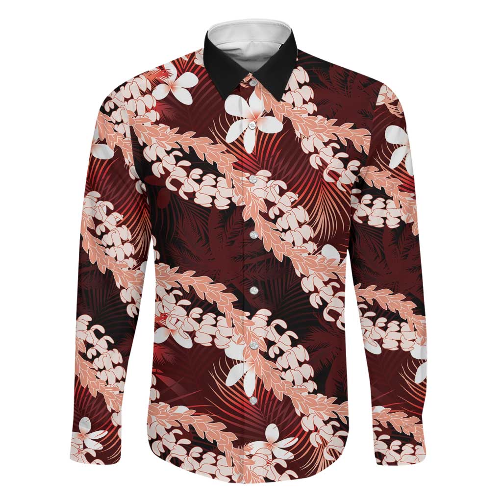 Puakenikeni Maile Lei Family Matching Off Shoulder Short Dress and Hawaiian Shirt Frangipani Red Tropical Leaves LT01 Dad's Shirt - Long Sleeve Red - Polynesian Pride