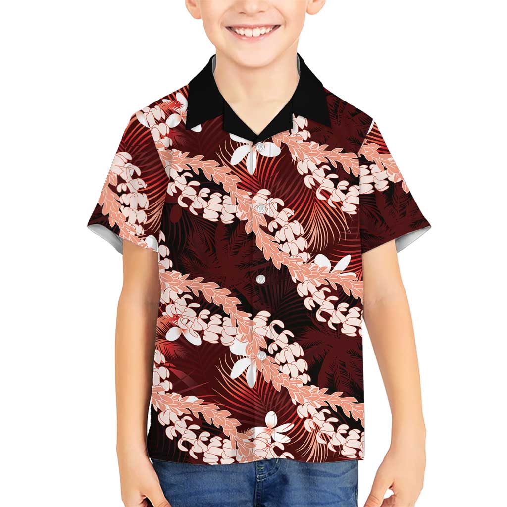 Puakenikeni Maile Lei Family Matching Off Shoulder Short Dress and Hawaiian Shirt Frangipani Red Tropical Leaves LT01 Son's Shirt Red - Polynesian Pride