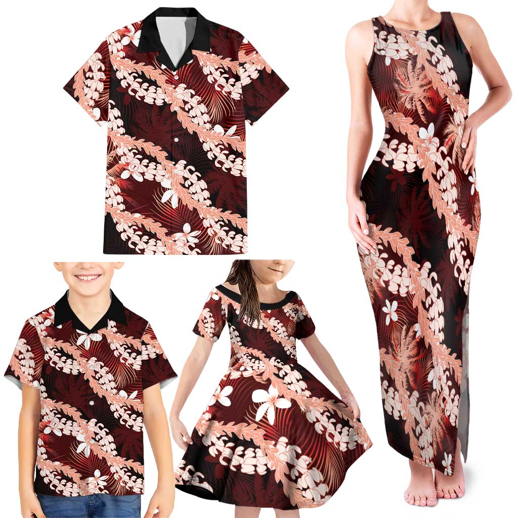 Puakenikeni Maile Lei Family Matching Tank Maxi Dress and Hawaiian Shirt Frangipani Red Tropical Leaves LT01 - Polynesian Pride