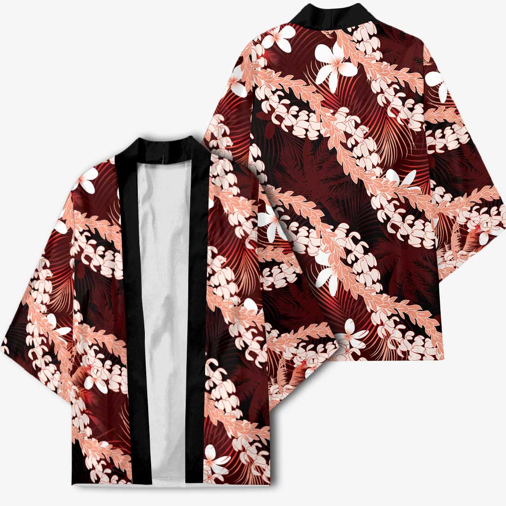 Puakenikeni Maile Lei Kimono Frangipani Red Tropical Leaves