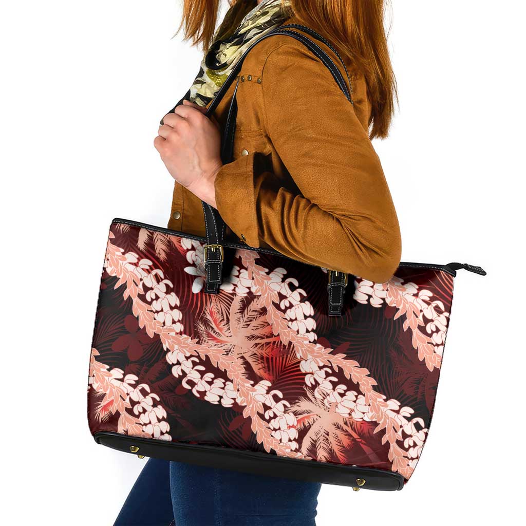 Puakenikeni Maile Lei Leather Tote Bag Frangipani Red Tropical Leaves LT01 Red - Polynesian Pride