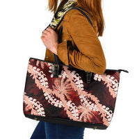 Puakenikeni Maile Lei Leather Tote Bag Frangipani Red Tropical Leaves LT01 Red - Polynesian Pride