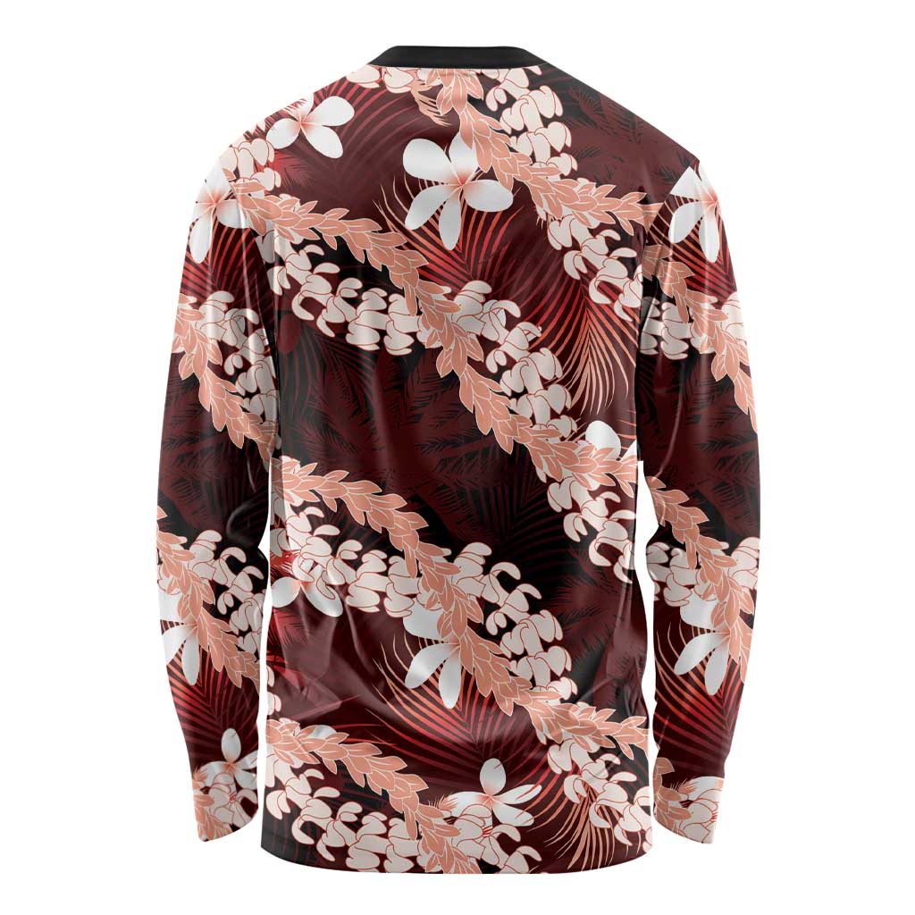 Puakenikeni Maile Lei Long Sleeve Shirt Frangipani Red Tropical Leaves LT01 - Polynesian Pride