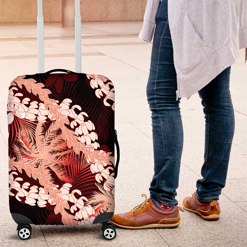 Puakenikeni Maile Lei Luggage Cover Frangipani Red Tropical Leaves