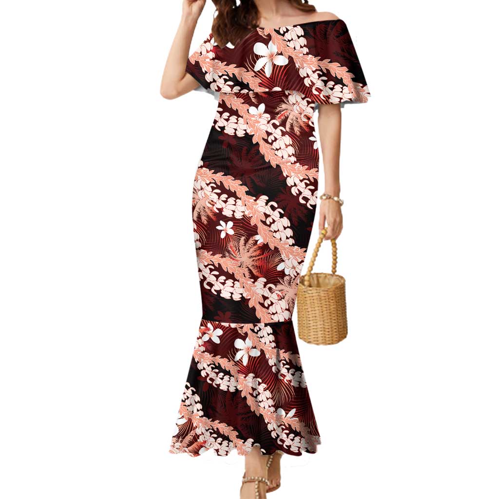 Puakenikeni Maile Lei Mermaid Dress Frangipani Red Tropical Leaves LT01 Women Red - Polynesian Pride