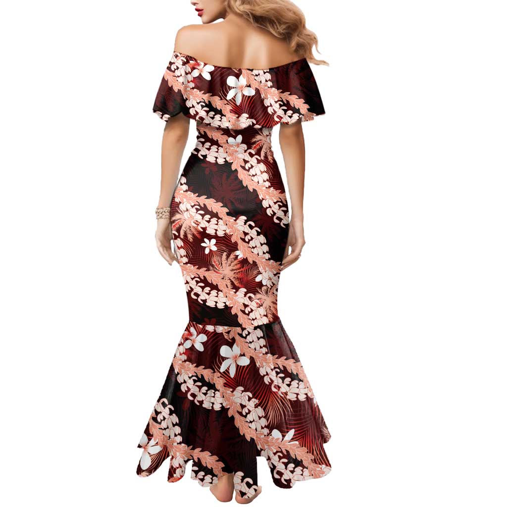 Puakenikeni Maile Lei Mermaid Dress Frangipani Red Tropical Leaves