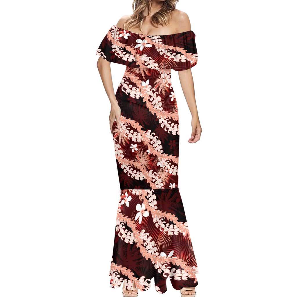 Puakenikeni Maile Lei Mermaid Dress Frangipani Red Tropical Leaves