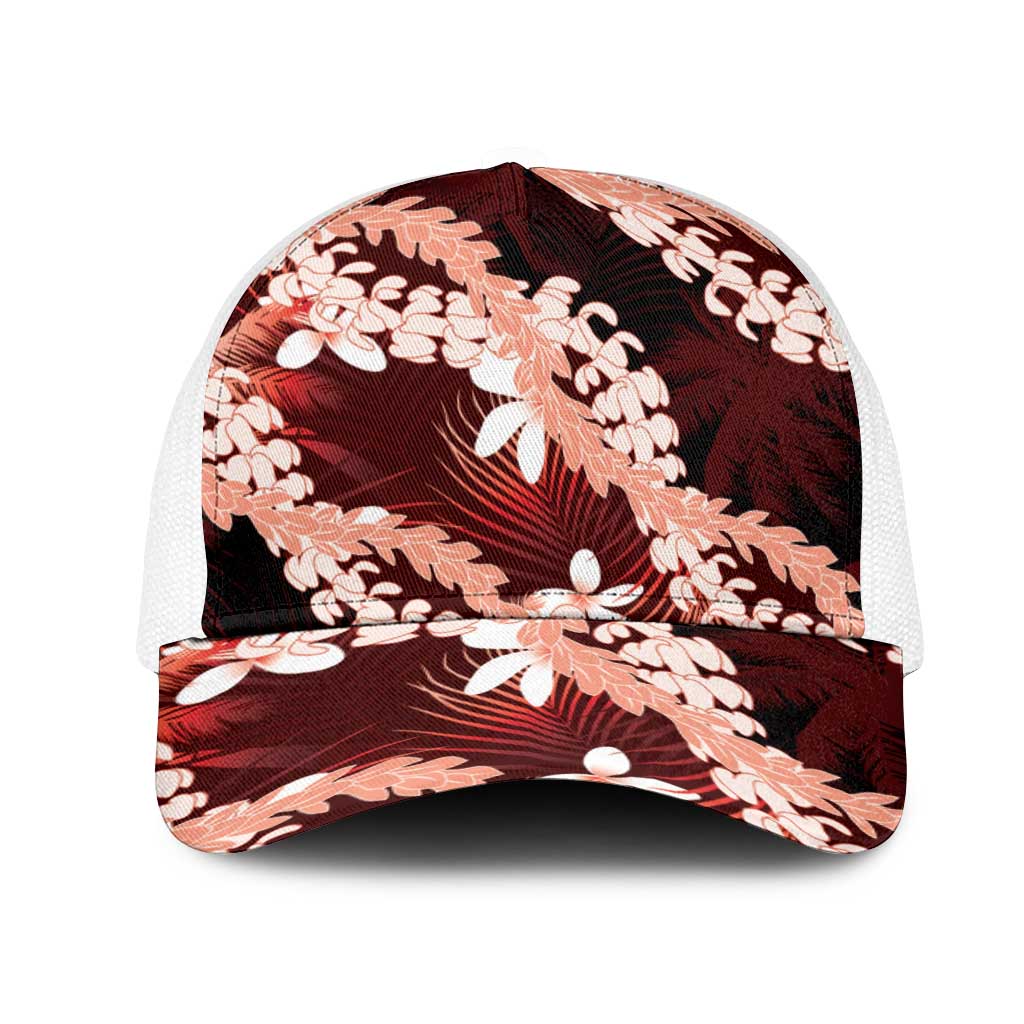 Puakenikeni Maile Lei Mesh Trucker Cap Frangipani Red Tropical Leaves