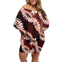 Puakenikeni Maile Lei Off Shoulder Short Dress Frangipani Red Tropical Leaves LT01 Women Red - Polynesian Pride