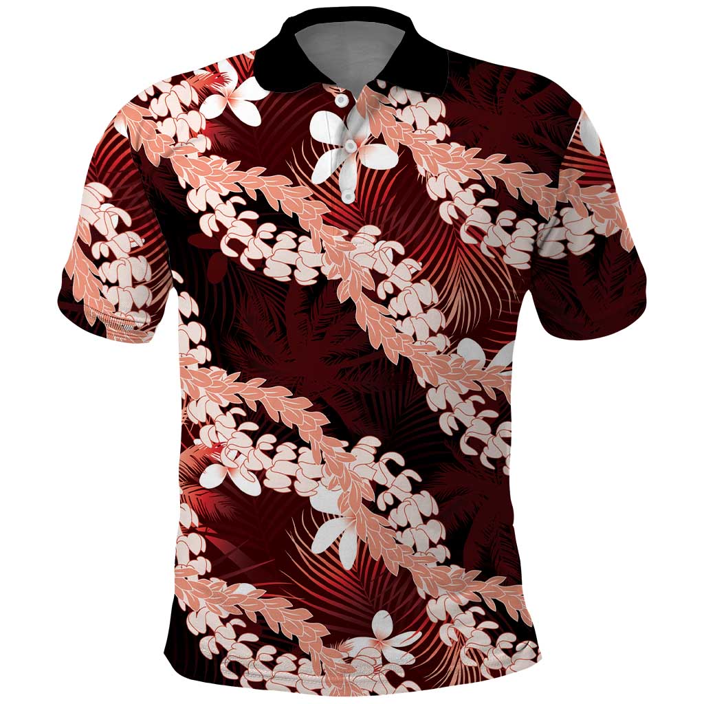 Puakenikeni Maile Lei Polo Shirt Frangipani Red Tropical Leaves LT01 Red - Polynesian Pride