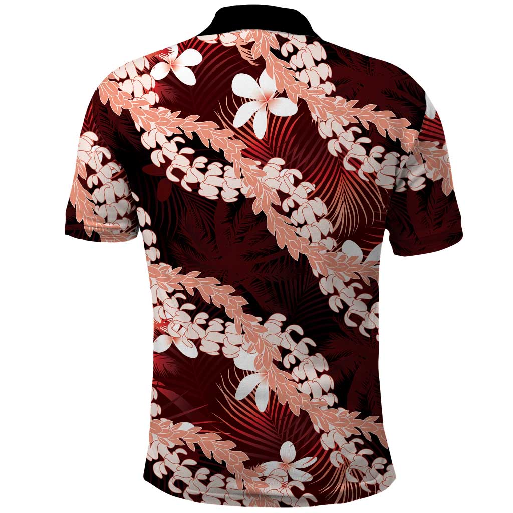 Puakenikeni Maile Lei Polo Shirt Frangipani Red Tropical Leaves LT01 - Polynesian Pride