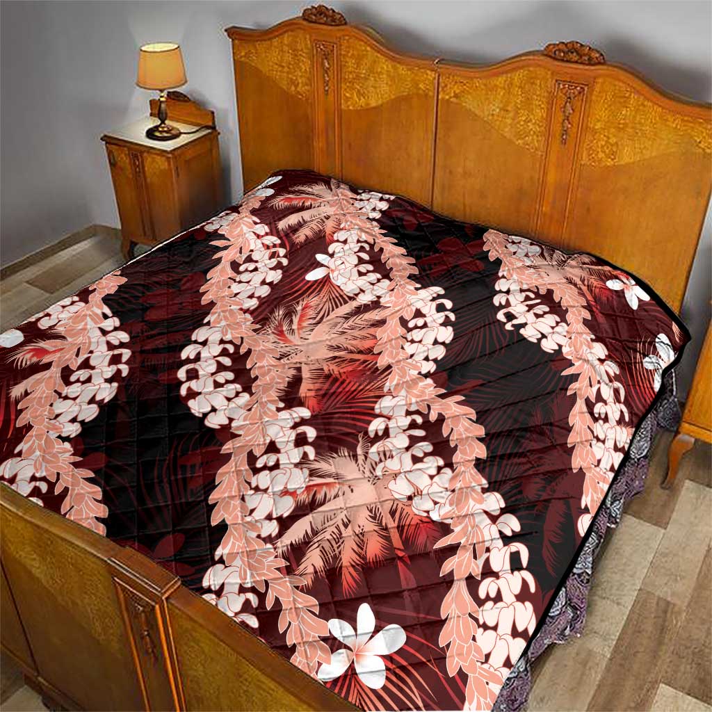 Puakenikeni Maile Lei Quilt Frangipani Red Tropical Leaves
