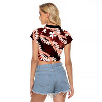 Puakenikeni Maile Lei Raglan Cropped T Shirt Frangipani Red Tropical Leaves LT01 - Polynesian Pride