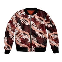 Puakenikeni Maile Lei Sleeve Zip Bomber Jacket Frangipani Red Tropical Leaves LT01 Unisex Red - Polynesian Pride