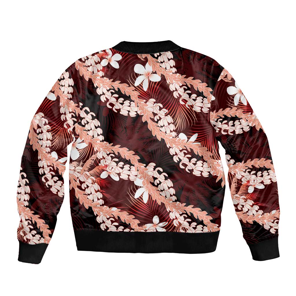 Puakenikeni Maile Lei Sleeve Zip Bomber Jacket Frangipani Red Tropical Leaves LT01 - Polynesian Pride