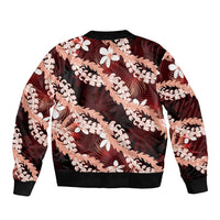Puakenikeni Maile Lei Sleeve Zip Bomber Jacket Frangipani Red Tropical Leaves LT01 - Polynesian Pride