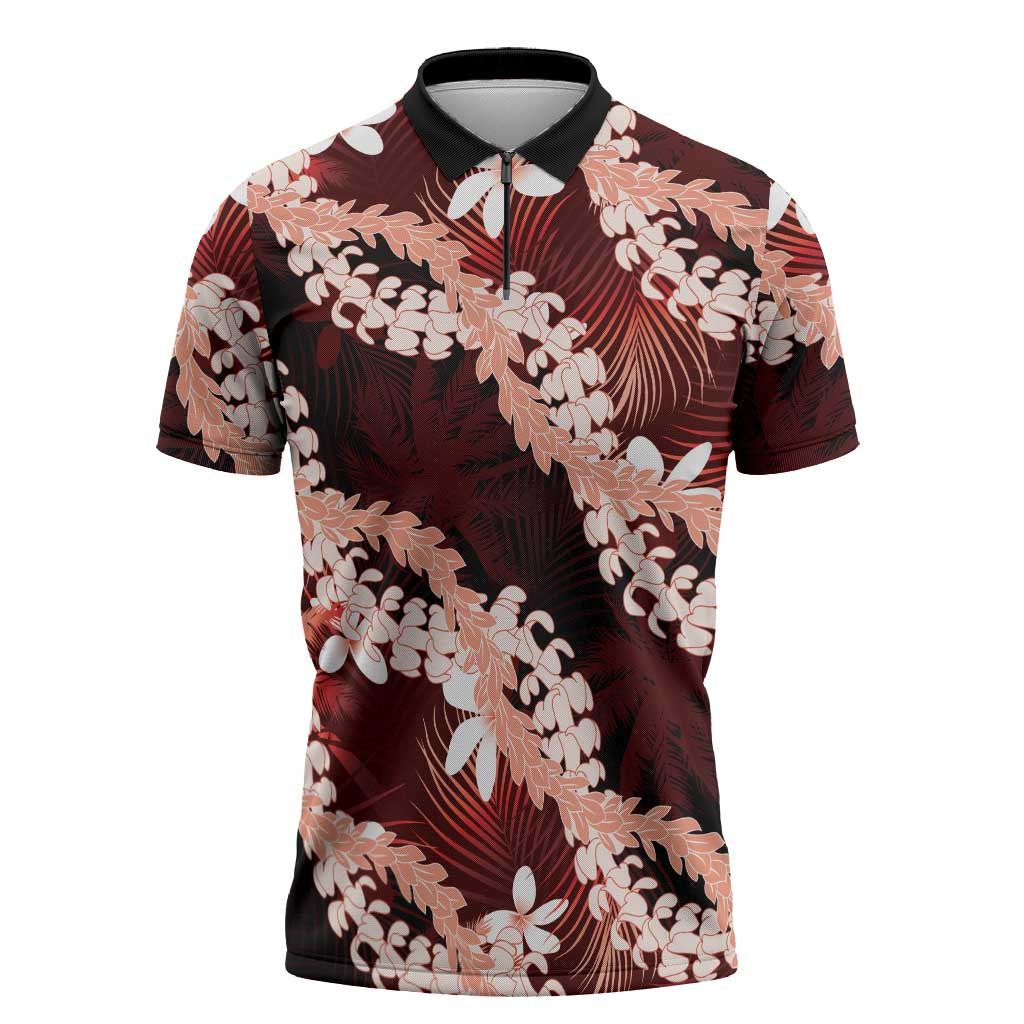 Puakenikeni Maile Lei Zipper Polo Shirt Frangipani Red Tropical Leaves