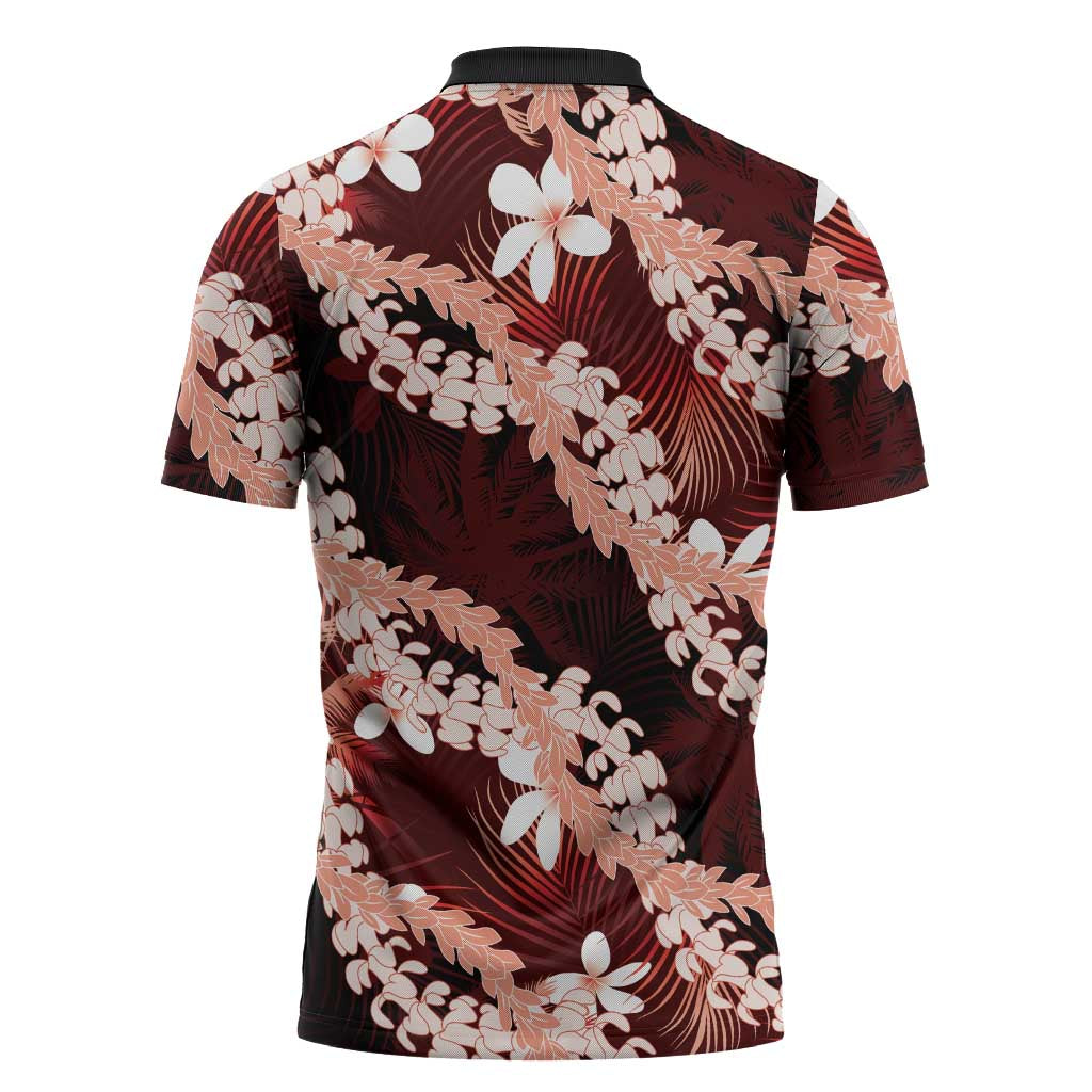 Puakenikeni Maile Lei Zipper Polo Shirt Frangipani Red Tropical Leaves