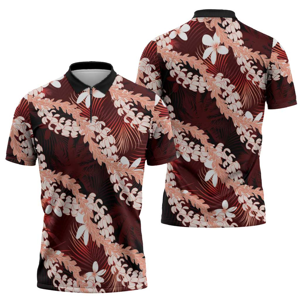 Puakenikeni Maile Lei Zipper Polo Shirt Frangipani Red Tropical Leaves