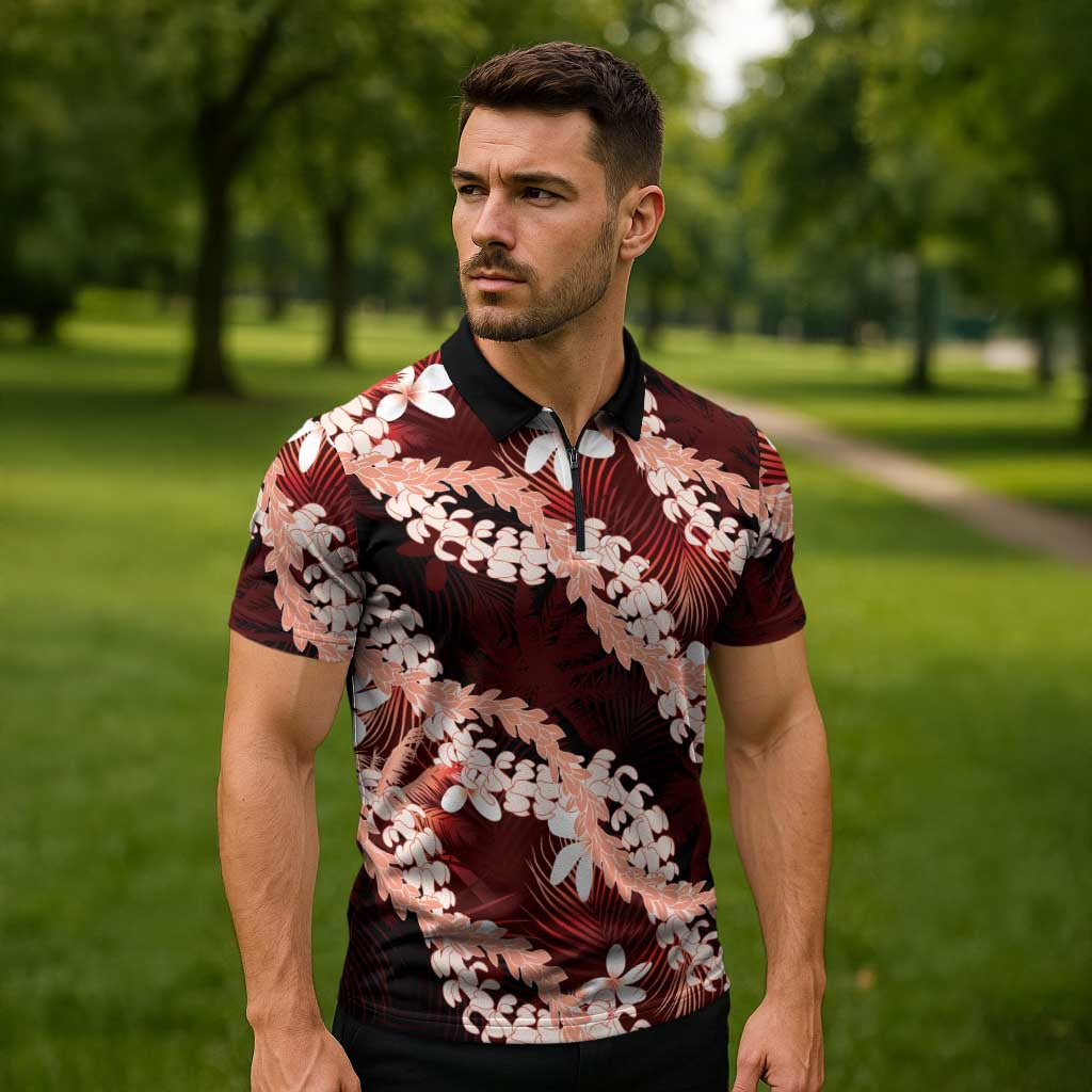 Puakenikeni Maile Lei Zipper Polo Shirt Frangipani Red Tropical Leaves