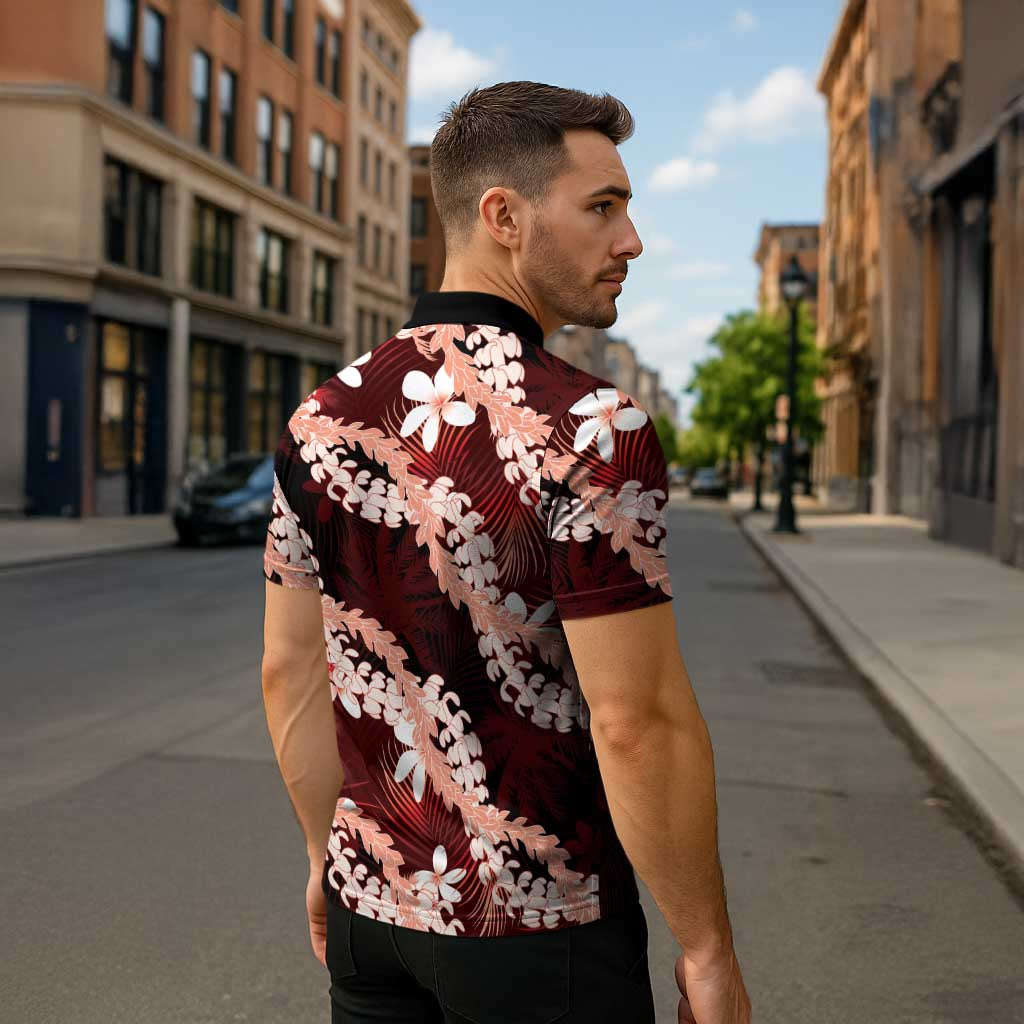 Puakenikeni Maile Lei Zipper Polo Shirt Frangipani Red Tropical Leaves