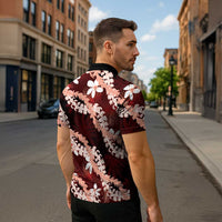 Puakenikeni Maile Lei Zipper Polo Shirt Frangipani Red Tropical Leaves